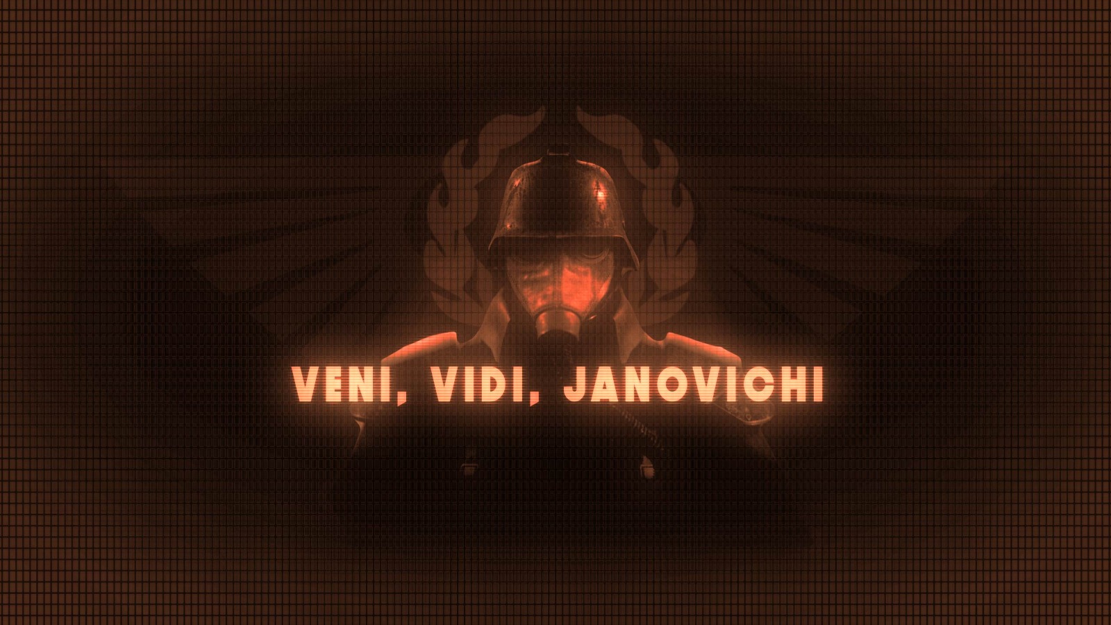 Janovich in a helmet and gas mask, with the words Veni, Vidi, Janovich