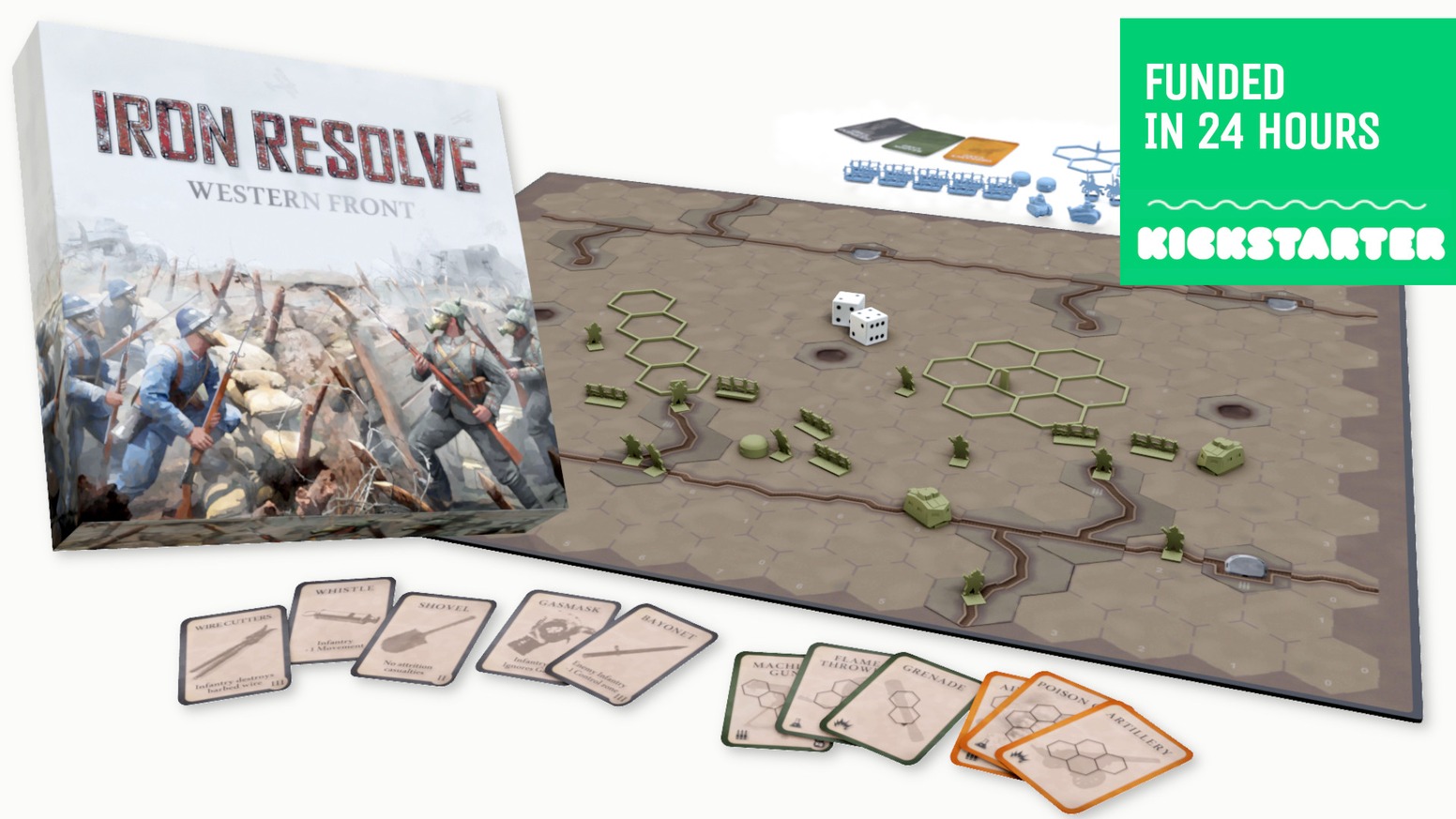 Iron Resolve: Western Front game box, battlefield, miniatures, and cards